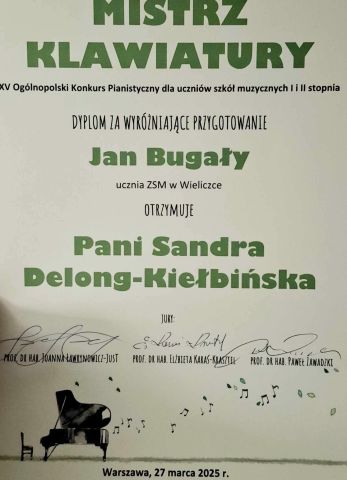 Sukces Janka Bugały z klasy fortepianu mgr Sandry Delong-Kiełbińskiej