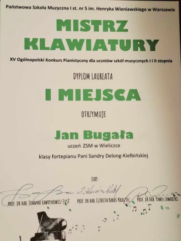 Sukces Janka Bugały z klasy fortepianu mgr Sandry Delong-Kiełbińskiej