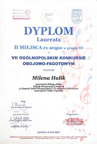 Sukces Mileny Halik z klasy oboju mgr Zofii Trystuły!