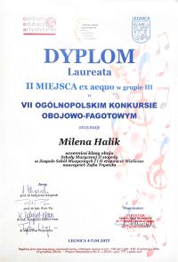 Sukces Mileny Halik z klasy oboju mgr Zofii Trystuły!